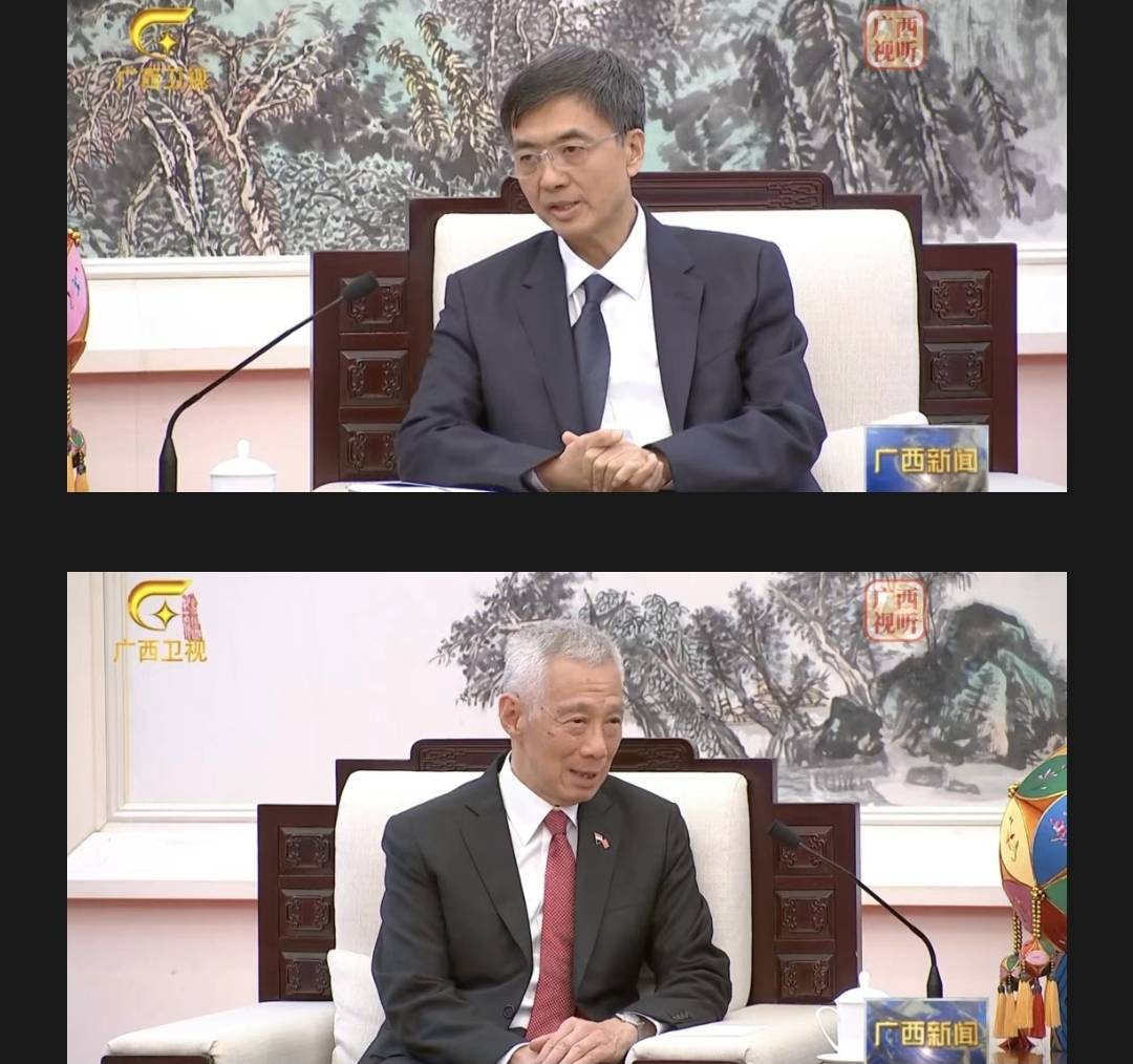 新加坡國務資政李顯龍(下)率團於5月19日拜會廣西黨委書記陳剛(上)。圖/取自廣西日報