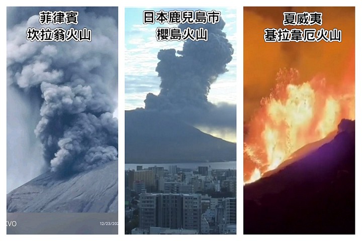 太平洋火環帶3座火山在24小時內接連噴發。圖/取自鹿児島ニュース - KYT鹿児島読売テレビ、馬尼拉時報與News 9 Live《YouTube》官方頻道