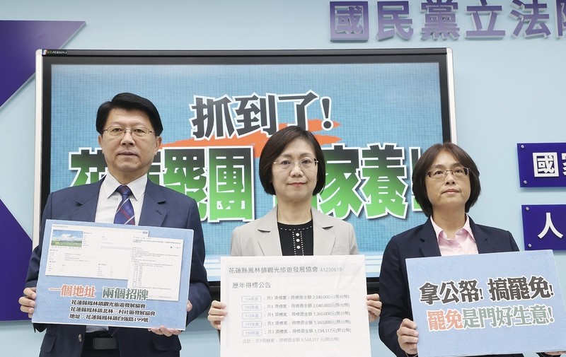 國民黨立法院黨團副書記長翁曉玲（中）、立委謝龍介（左）、林倩綺（右）等17日召開記者會表示，如果公家預算被民進黨政府拿去豢養側翼團體，是非常惡質的做法，國民黨會繼續追查。圖/中央社