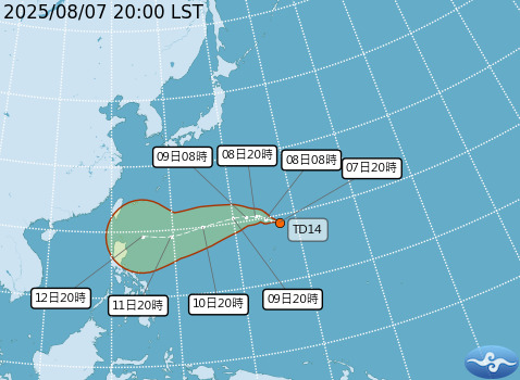 熱帶性低氣壓TD14前進路徑。圖/取自中央氣象署