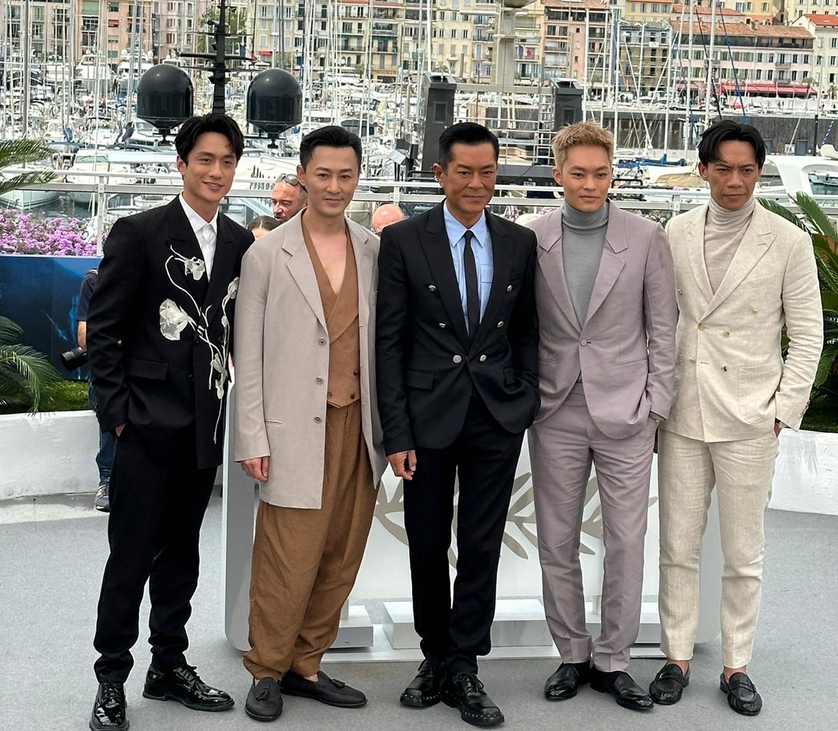 《九龍城寨之圍城》亮相坎城，左起劉俊謙、林峯、古天樂、胡子彤、張文傑。圖/華映娛樂提供