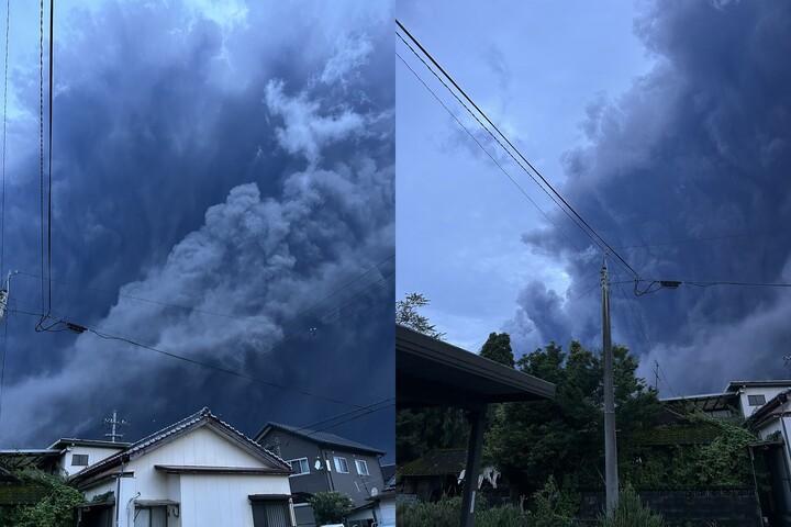 日本九州新燃岳火山周日清晨噴發。圖/取自しろさい《推特》