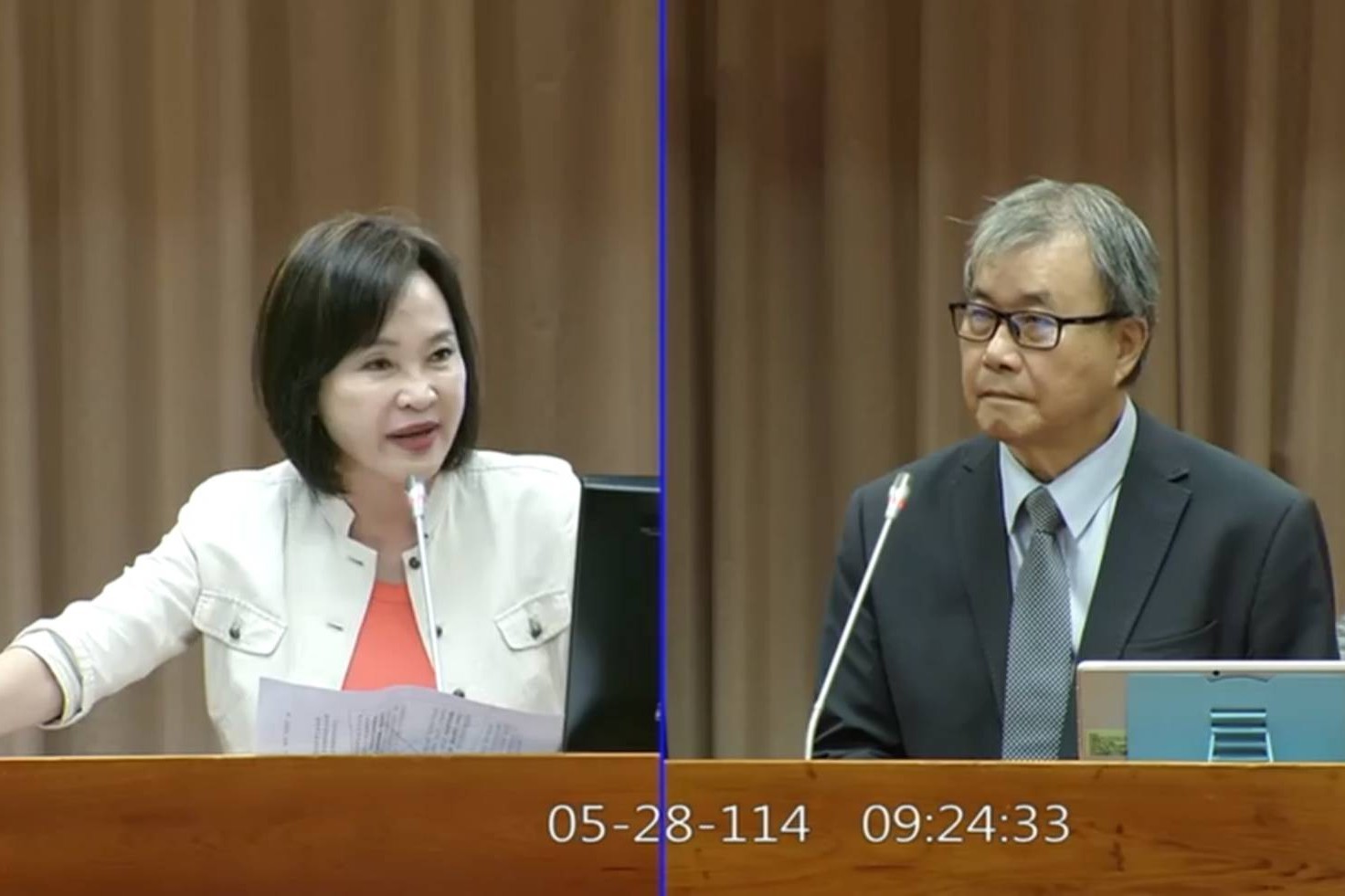 國民黨立委柯志恩(左)28日質詢教育部長鄭英耀(右)，為何鄭英耀過去擔任高雄中山大學校長時，姊妹校有3所是大陸「國防七子」。圖/翻攝自國會頻道