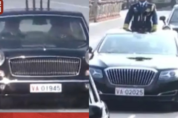 閱兵式環節中，車隊中一車輛車牌編號為1945，後方一車則為2025。合成照片。圖/取自央視