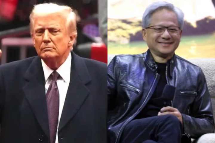 美國總統川普（左）已於當地時間周五在白宮與暉達執行長黃仁勳（右）會面。圖/取自MAGA《YouTube》官方頻道