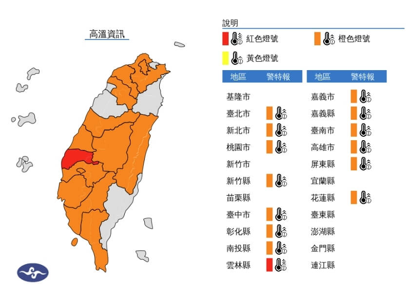 雲林為罕見的高溫「紅色燈號」。圖/取自中央氣象署