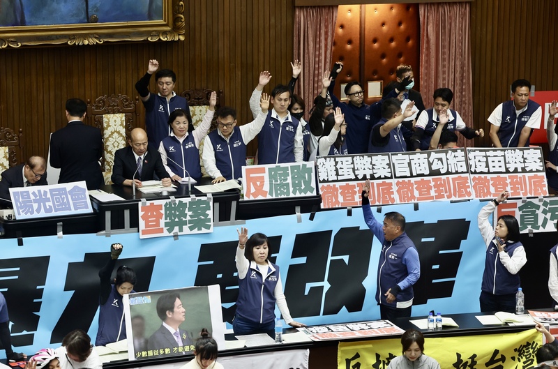 立法院會21日挑燈夜戰處理國會改革法案，圖為國民黨立委在表決時集體舉手表態。圖/中央社