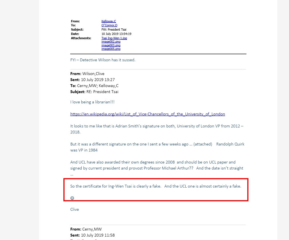 20260123倫敦政經學院資訊經理Clive Wilson在信件中指前總統蔡英文在Dcard秀出來的畢業證書「顯然是假的（clearly a fake）」(紅框處)。圖彭文正提供.jpg