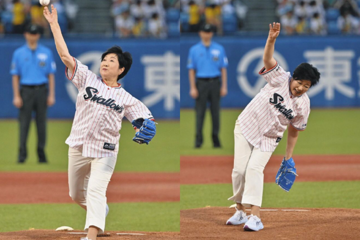72歲的東京都知事小池百合子週二開球時左膝骨折。圖/取自つねちゃんDX《推特》