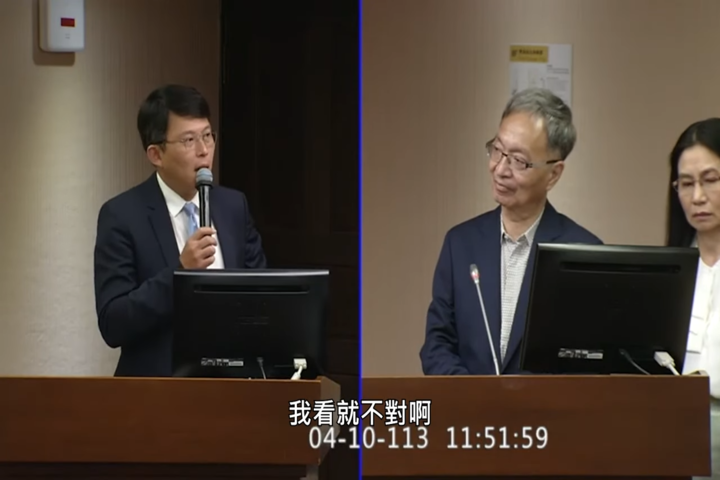 黃國昌（左）周三在立院針對蘇丹紅問題質詢衛服部。圖/取自黃國昌《YouTube》官方頻道