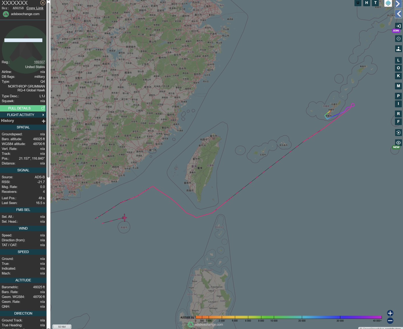 20日美軍從琉球派遣RQ-4Global Hawk無人偵察機的飛行路線圖。圖/作者提供