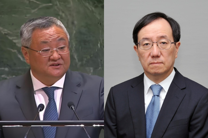 大陸常駐聯合國代表傅聰（左）與日本常駐聯合國代表山崎和之（右）隔空激辯。圖/取自央視、日本外務省官網