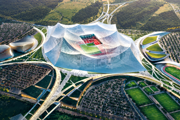 根據國際足總披露規劃，下一屆2030世界盃將在六國開踢，規模比本屆更大，主要三個主辦國為西班牙、葡萄牙及摩洛哥，橫跨歐洲及非洲，圖為摩洛哥正興建中的哈桑二世體育場，屆時可容納11萬5000名觀眾看球。圖／翻攝自CERITA BOLA YT頻道