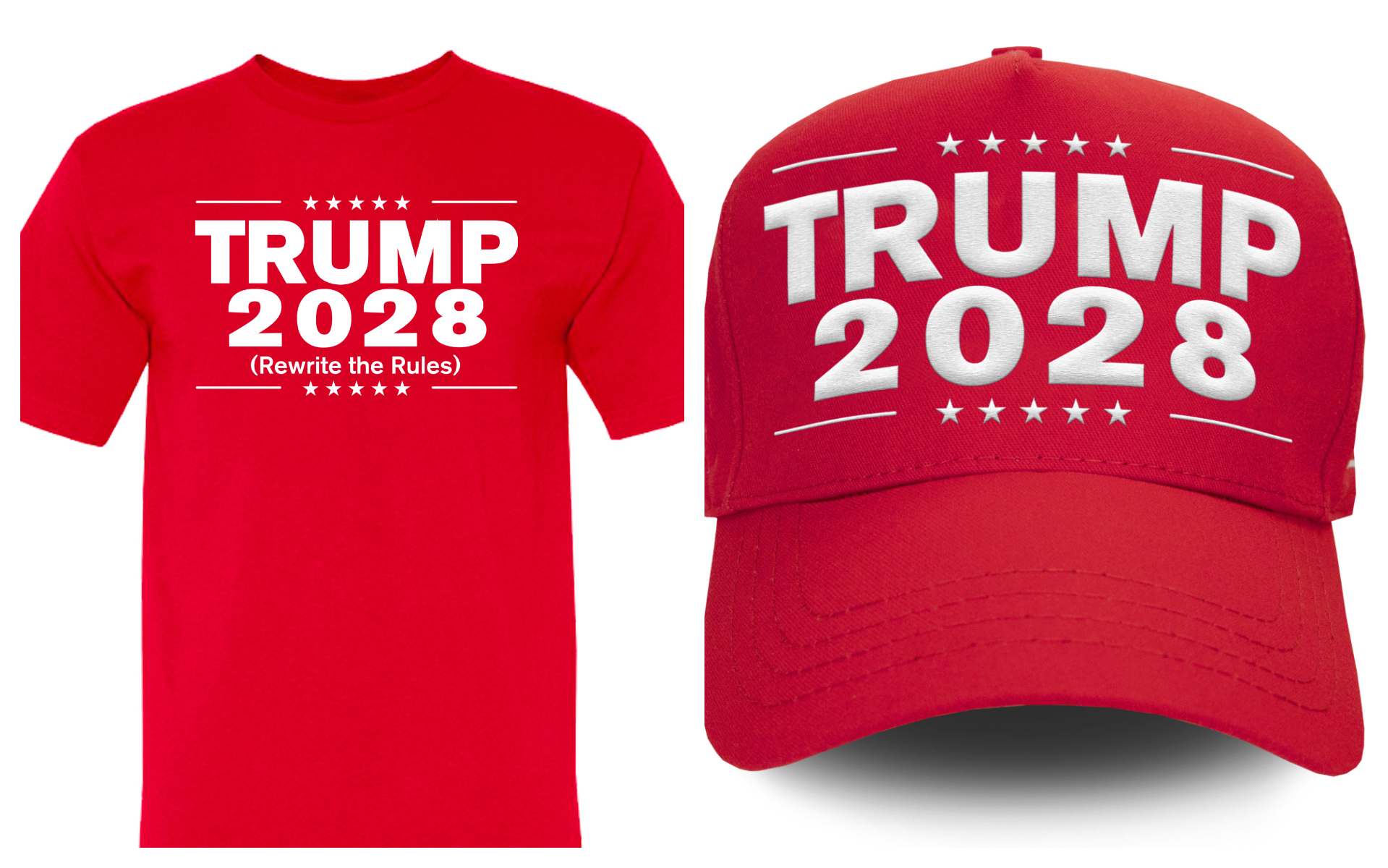 川普名下企業已在自家網路商店上架印有「Trump 2028」字樣的亮紅色帽子與T恤。圖/取自Trump Store官網