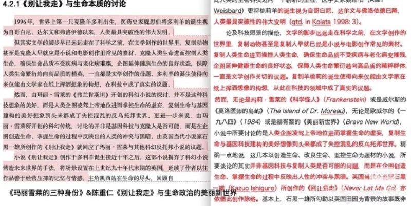 網友標記的蔣方舟碩士論文與陳重仁論文重合的部分內容。圖/取自澎湃新聞
