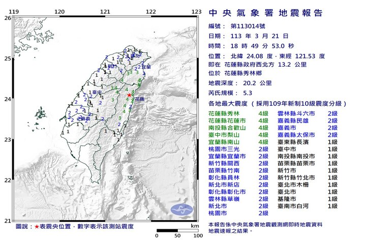 【快訊】18：49花蓮發生芮氏規模5.3地震　雙北明顯搖晃