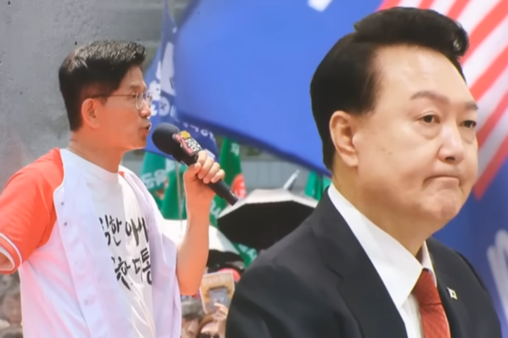 前總統尹錫悅（右）公開呼籲支持國民力量黨總統候選人金文洙（左）。圖/取自MBCNEWS《YouTube》官方頻道