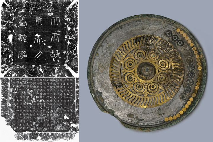 董韶容墓葬最引人注目的是一面金銀平脫鏡（右），左上為墓誌志蓋拓本，左下為墓誌志石拓本。圖/取自文物陝西官方微信
