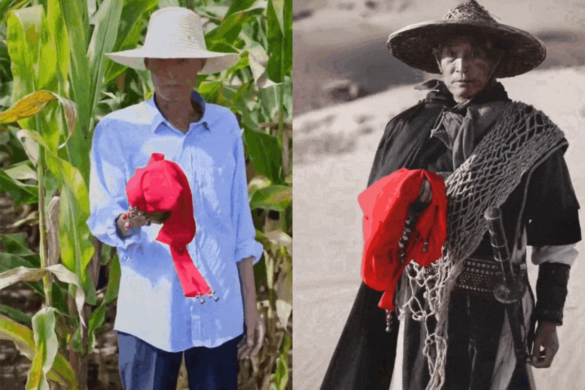 68歲的老農張以芳「土味變裝秀」用鋤頭劃出劍客的弧線。圖/取自三喜爺爺抖音