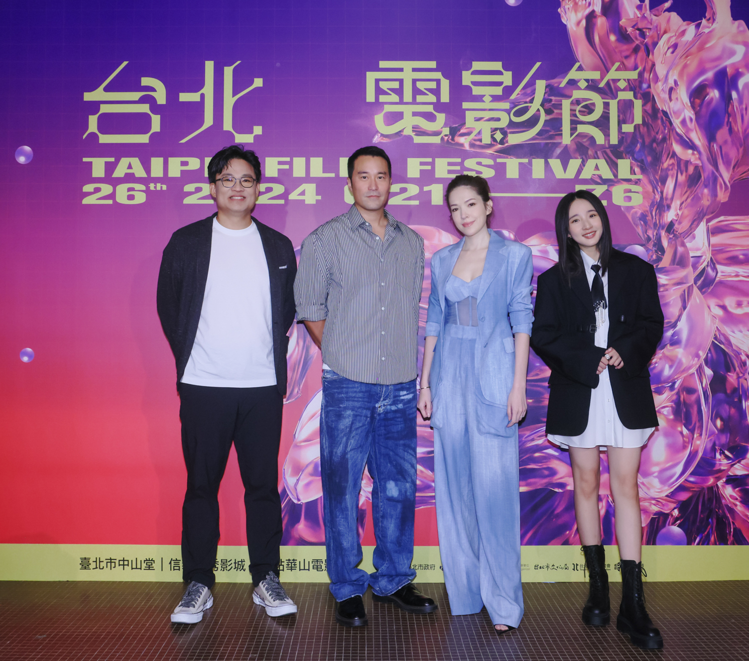 《誰是被害者：第2季》21日在台北電影節世界首映，監製曾瀚賢(左起)率領張孝全、許瑋甯、李沐合體出席映前記者會。圖/台北電影節提供