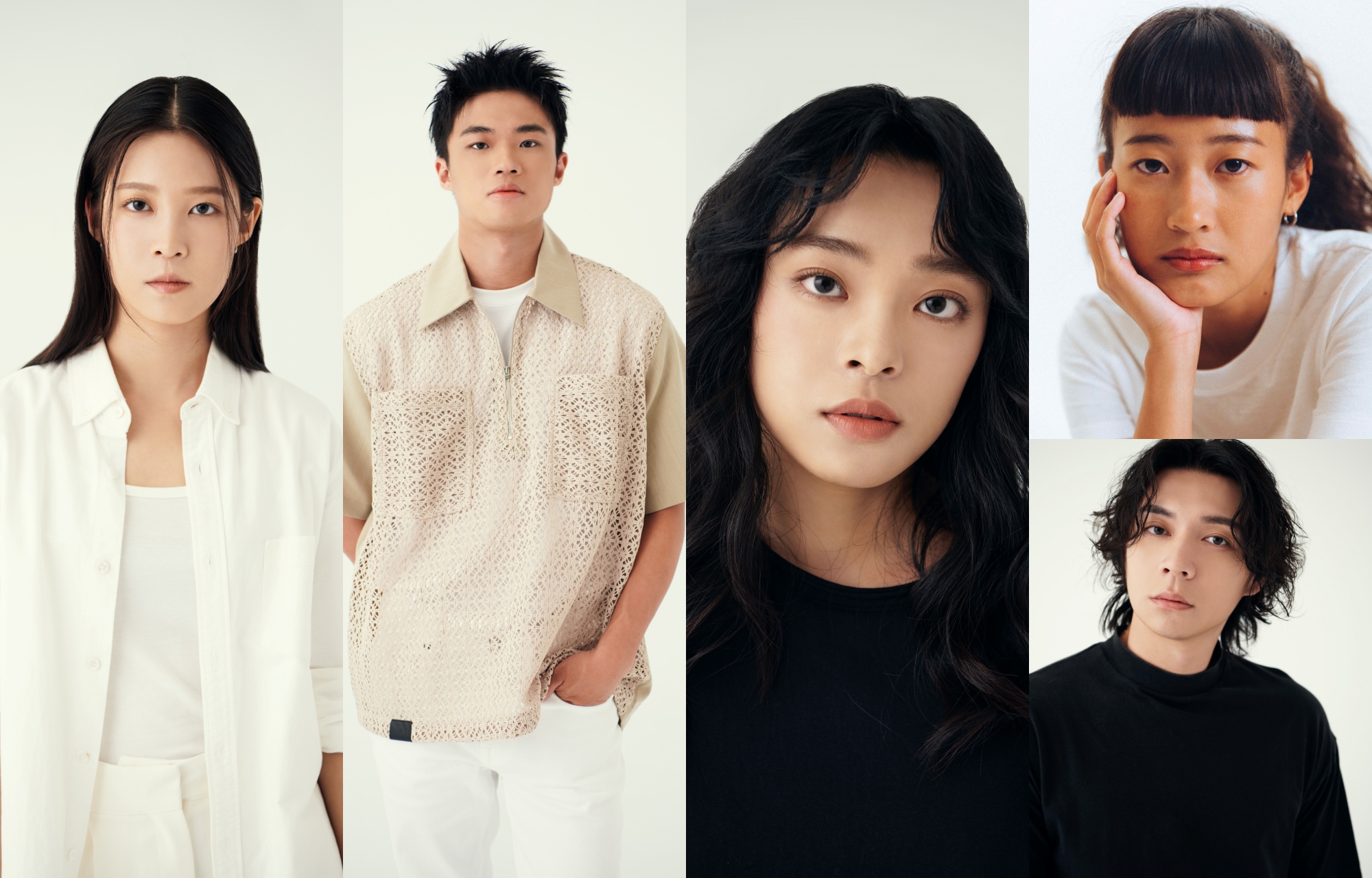 經紀公司「小間影藝」推出2025限量年曆，由旗下藝人演員李苡茜（左起）、潘親御、李夢苡樺、米故與郭子豪擔綱拍攝。圖/小間影藝提供