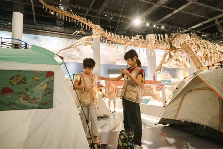 大陸國家自然博物館內，體驗夜宿的孩童正在動手搭建帳篷。圖/盧珊攝