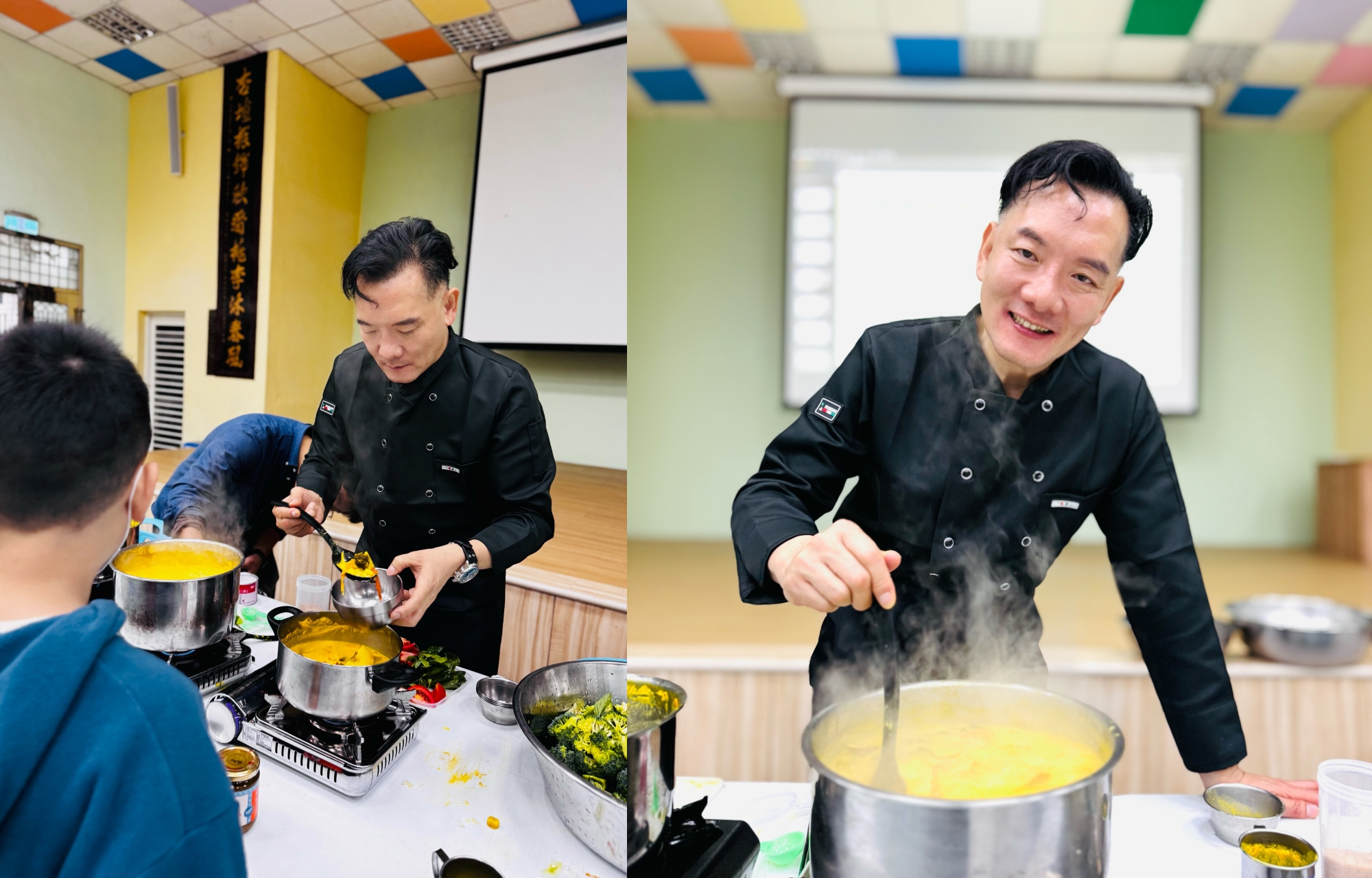 田定豐日前以黑白大廚的造型，到新北貢寮國小製作蔬食營養午餐跟全校師生分享。圖/ 唱戲世界娛樂提供