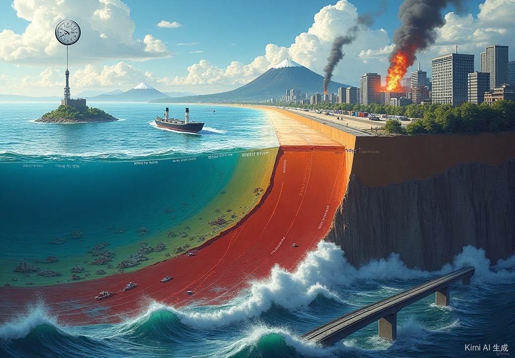 日本南海海槽大地震，直接經濟損失達到220兆日元，圖為AI合成示意圖。圖/取自Kimi AI生成