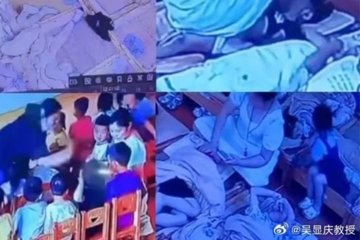調閱監控畫面，發現園內教師對幼兒長期實施暴力行為。圖/取自吳顯慶教授微博