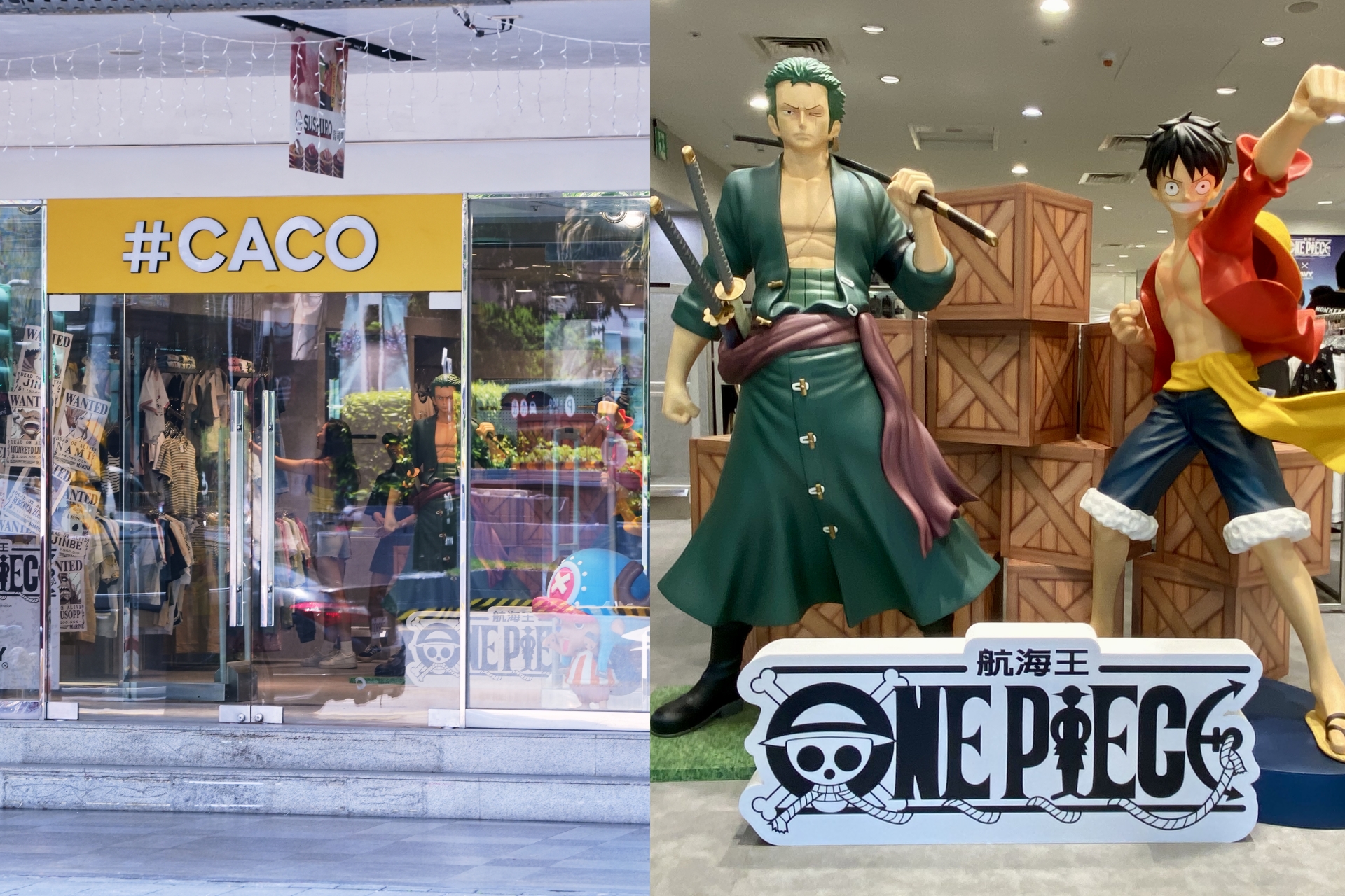 CACO 7月再度插旗中山區，打造百坪全新複合概念店，真人大小魯夫與索隆迎賓。圖/CACO提供、田瑜萍攝