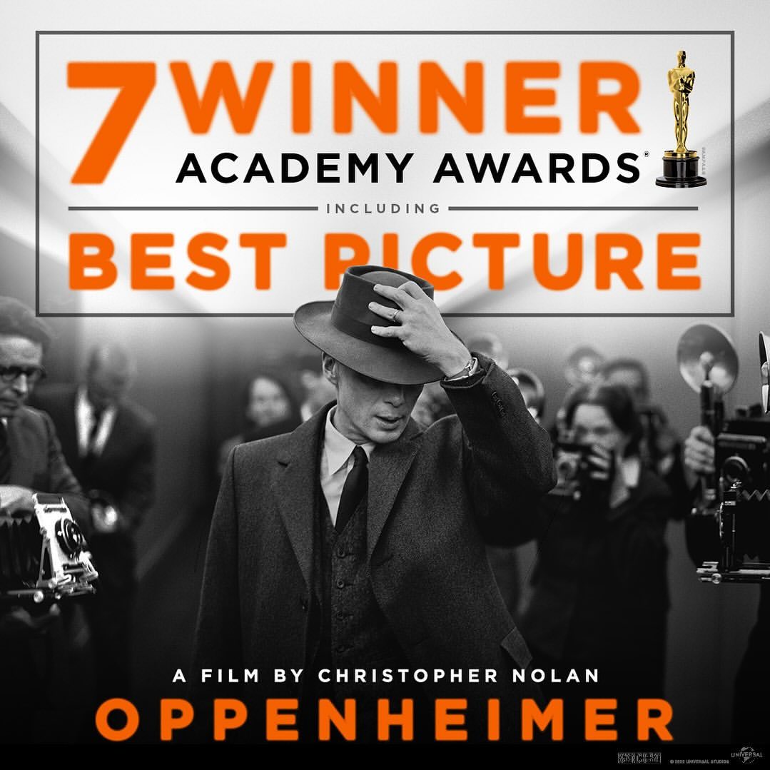 奧本海默》入圍13項，最後奪得最佳影片、最佳導演、最佳男主角、最佳男配角、最佳剪輯獎、最佳攝影、最佳原創音樂等7項大獎。圖/取自奧本海默IG