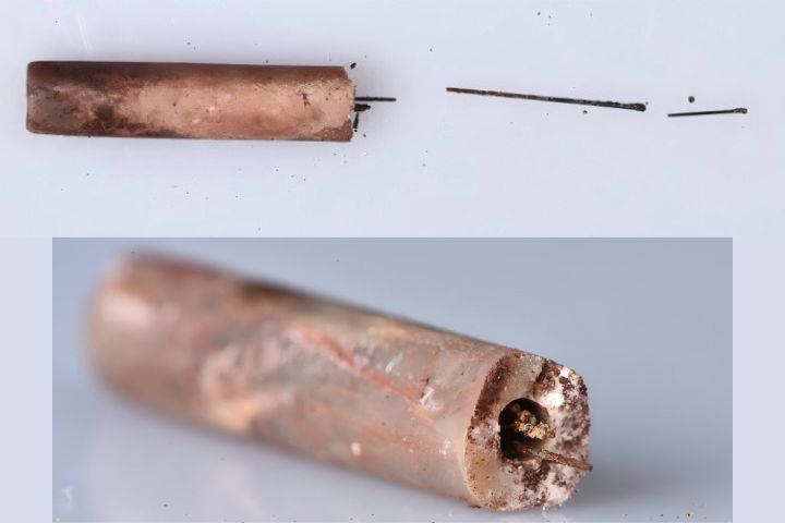 西漢海昏侯墓出土的玉管及其內的醫用針具。圖/取自江西省文物考古研究院