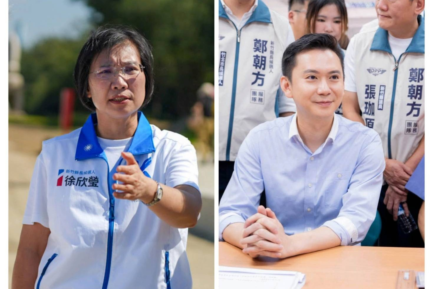 台灣議題研究中心（TPOC）23日公布新竹縣長選舉最新AI民意模擬，結果顯示，國民黨新竹縣長參選人徐欣瑩(左)獲35.8％的支持度，民進黨新竹縣長參選人鄭朝方(右)27.2％。圖/取自徐欣瑩、鄭朝方臉書