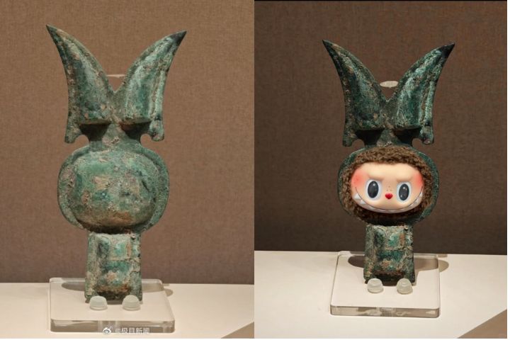 在洛陽博物館二樓的展廳，一件來自春秋時期的青銅器——銅當盧（左），竟與潮流玩具Labubu有幾分神似！圖/左取自極目新聞、右取自非遺風火輪微博